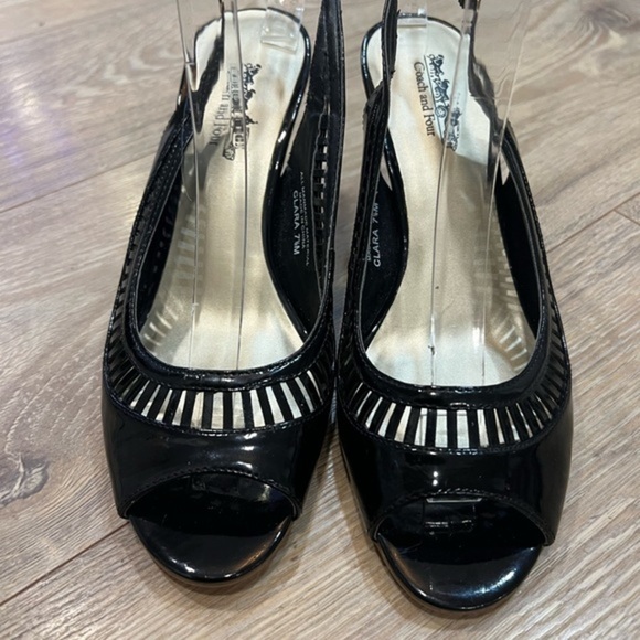 Coach and Four Slingback Black Open Toe Heels with Cut Out Elements - Picture 2 of 14